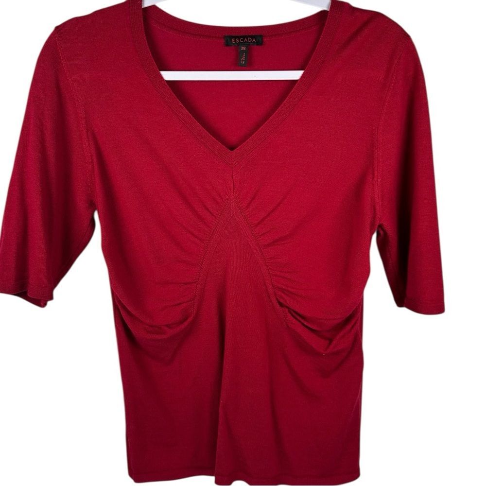 Escada Red Elbow Sleeve V-Neck Italian Wool Silk Cashmere Sweater Size 38/US M